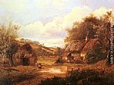 Landscape with figures outside a thatched cottage by Joseph Thors